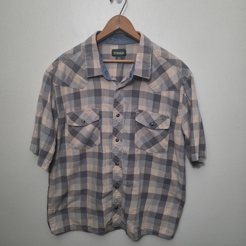 Outdoor Life Men's Blue and Cream Plaid Shirt Pearl Snap Button Up Size XL